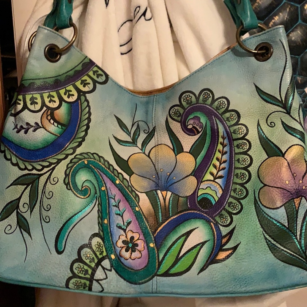 Anuschka teal paisley shoulder bag.